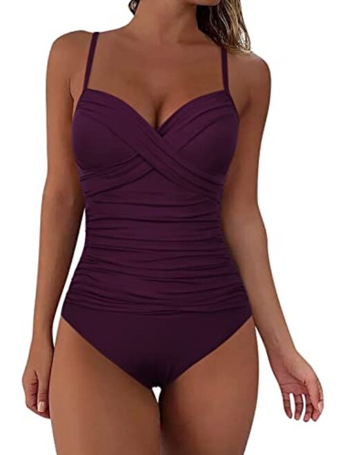 Hilor Women's Ruched Underwire One Piece Swimsuit Front Twist Swimwear Tummy Control Bathing Suit Monokini