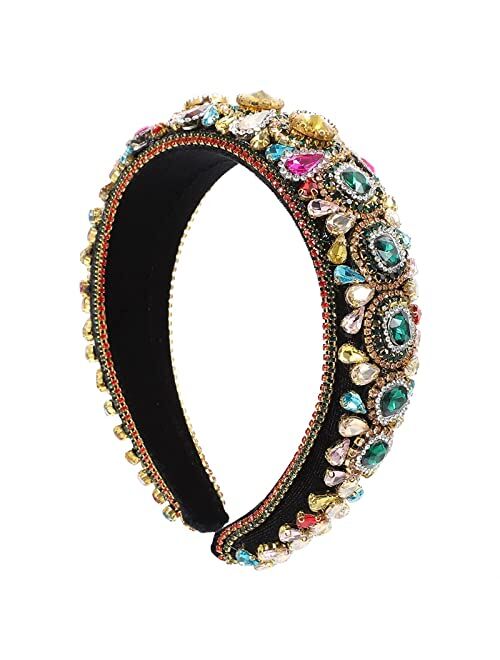 TOPOB Padded Rhinestone Headband Diamond Crystal Beaded Hairband Bejewelled Wide Padded Hair Hoop for Woman Girls