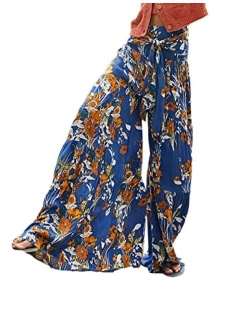 Lrady Womens Wide Leg Palazzo Lounge Pajama Pants High Waist Tied Belt Beach Boho Loose Yoga Athletic Long Trousers