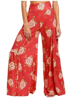 Lrady Womens Wide Leg Palazzo Lounge Pajama Pants High Waist Tied Belt Beach Boho Loose Yoga Athletic Long Trousers