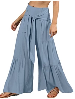 Lrady Womens Wide Leg Palazzo Lounge Pajama Pants High Waist Tied Belt Beach Boho Loose Yoga Athletic Long Trousers