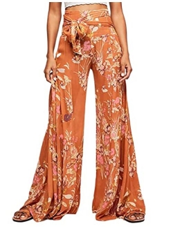 Lrady Womens Wide Leg Palazzo Lounge Pajama Pants High Waist Tied Belt Beach Boho Loose Yoga Athletic Long Trousers