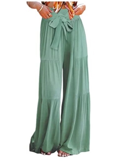 Lrady Womens Wide Leg Palazzo Lounge Pajama Pants High Waist Tied Belt Beach Boho Loose Yoga Athletic Long Trousers