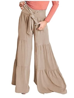 Lrady Womens Wide Leg Palazzo Lounge Pajama Pants High Waist Tied Belt Beach Boho Loose Yoga Athletic Long Trousers