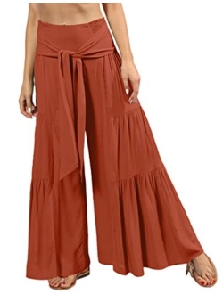 Lrady Womens Wide Leg Palazzo Lounge Pajama Pants High Waist Tied Belt Beach Boho Loose Yoga Athletic Long Trousers