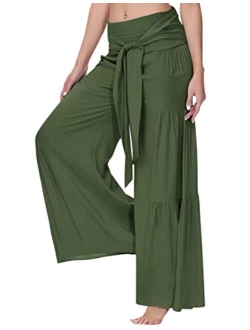 Lrady Womens Wide Leg Palazzo Lounge Pajama Pants High Waist Tied Belt Beach Boho Loose Yoga Athletic Long Trousers