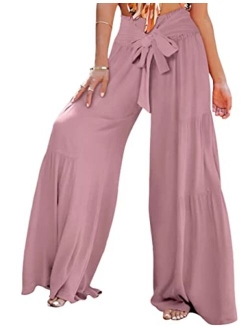 Lrady Womens Wide Leg Palazzo Lounge Pajama Pants High Waist Tied Belt Beach Boho Loose Yoga Athletic Long Trousers