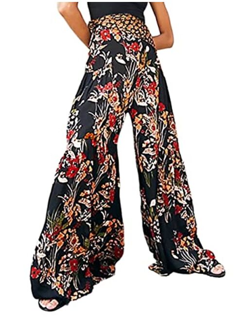 Lrady Womens Wide Leg Palazzo Lounge Pajama Pants High Waist Tied Belt Beach Boho Loose Yoga Athletic Long Trousers