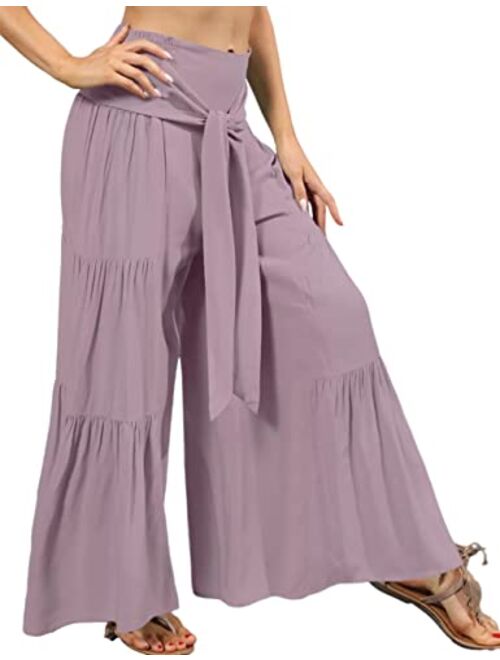 Lrady Womens Wide Leg Palazzo Lounge Pajama Pants High Waist Tied Belt Beach Boho Loose Yoga Athletic Long Trousers