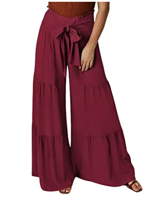 Lrady Womens Wide Leg Palazzo Lounge Pajama Pants High Waist Tied Belt Beach Boho Loose Yoga Athletic Long Trousers