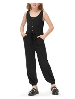 Besserbay Girls Button Down Slevessless Romper Drawstring Long Pant Jumpsuit with Side Pockets 6-12 Years