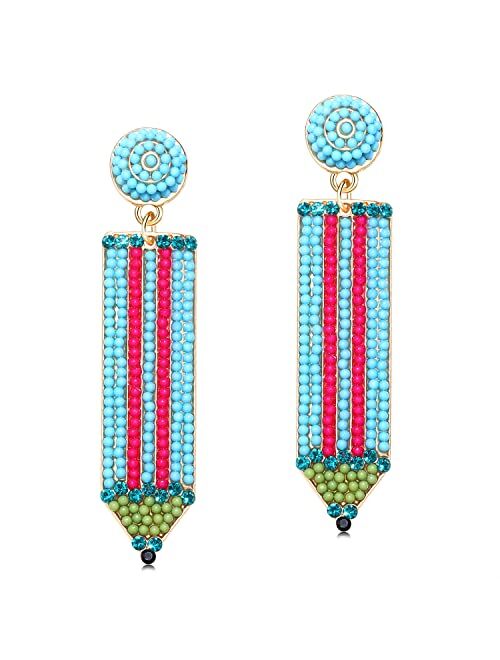 Lenoocle Teacher Earrings for Women Handmade Beaded Pencil Earrings Funny Pencil Drop Dangle Earrings for Teachers Appreciation Day Back to School Jewelry Gifts