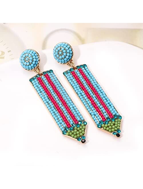 Lenoocle Teacher Earrings for Women Handmade Beaded Pencil Earrings Funny Pencil Drop Dangle Earrings for Teachers Appreciation Day Back to School Jewelry Gifts