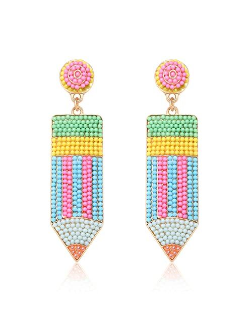 Bvga Teacher Earrings Beaded Pencil drop Dangle Earrings for Teacher Student Women Girls, Handmade Beaded Colorful Apple Earrings Dangling,Hypoallergenic Teacher Pencil S