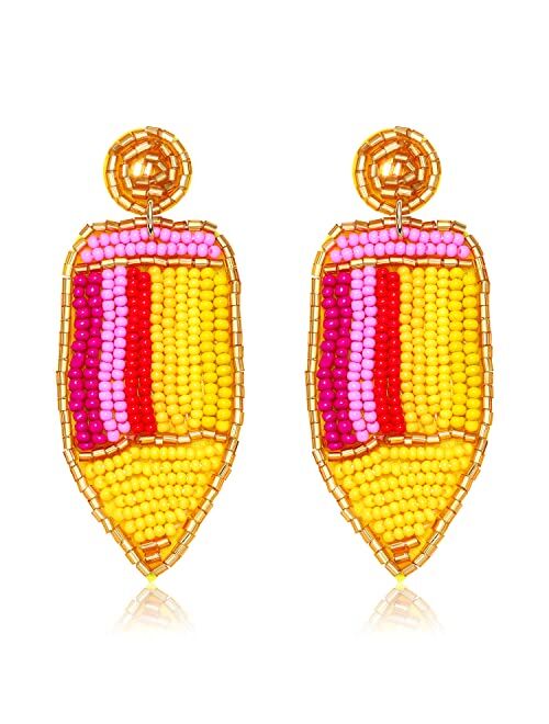 HZEYN Teacher Earrings Handmade Beaded Pencil Earrings Funny Coloured Pencil Drop Dangle Earrings for Teachers Appeciation Gifts Students Back to School Jewelry