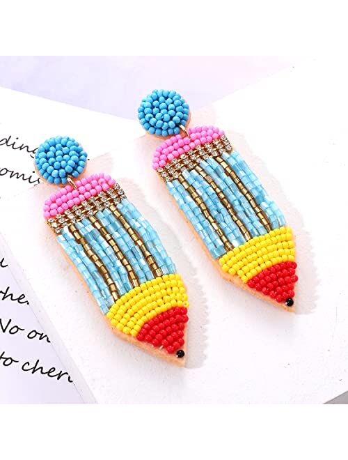 MOLOCH Beaded Teacher Earrings for Women Handmade Beaded Pencil Drop Dangle Earrings Teacher Appreciation Gifts Back To School Jewelry