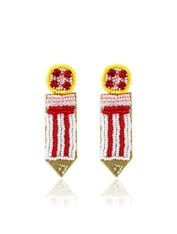 Colorful Bling Handmade Beaded Pencil Teacher Drop Dangle Earrings Lightweight Funny Pencil Bead Earrings with Colorful Rhinestones Crystal Beads for Women Student Back t