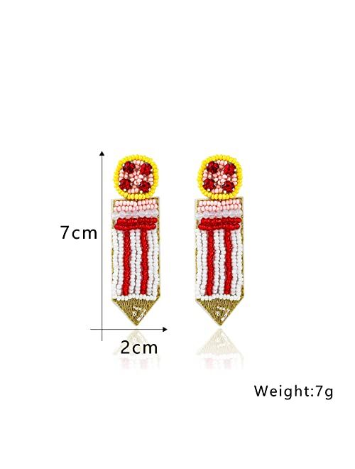 Colorful Bling Handmade Beaded Pencil Teacher Drop Dangle Earrings Lightweight Funny Pencil Bead Earrings with Colorful Rhinestones Crystal Beads for Women Student Back t