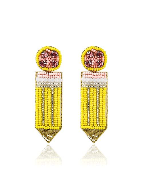 Colorful Bling Handmade Beaded Pencil Teacher Drop Dangle Earrings Lightweight Funny Pencil Bead Earrings with Colorful Rhinestones Crystal Beads for Women Student Back t