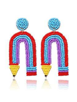 HZEYN Teacher Earrings Beaded Rainbow Pencil Drop Dangle Earrings Teacher Appreciation Gifts Back To School Jewelry for Women