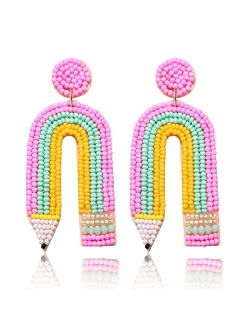 HZEYN Teacher Earrings Beaded Rainbow Pencil Drop Dangle Earrings Teacher Appreciation Gifts Back To School Jewelry for Women