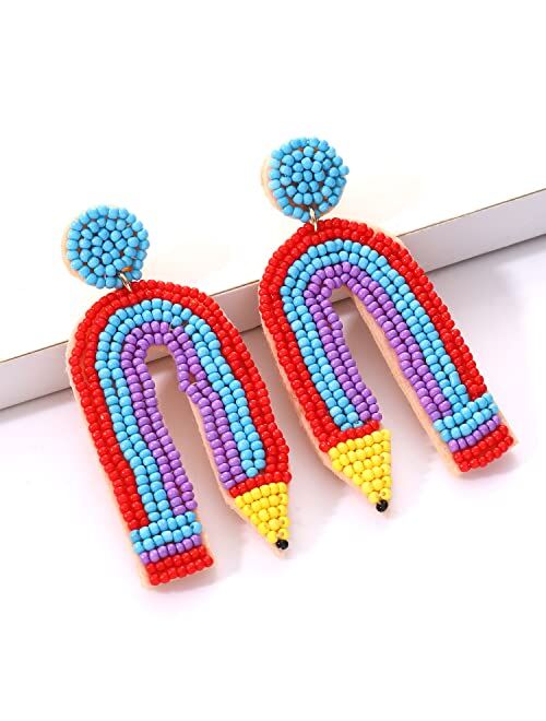 HZEYN Teacher Earrings Beaded Rainbow Pencil Drop Dangle Earrings Teacher Appreciation Gifts Back To School Jewelry for Women