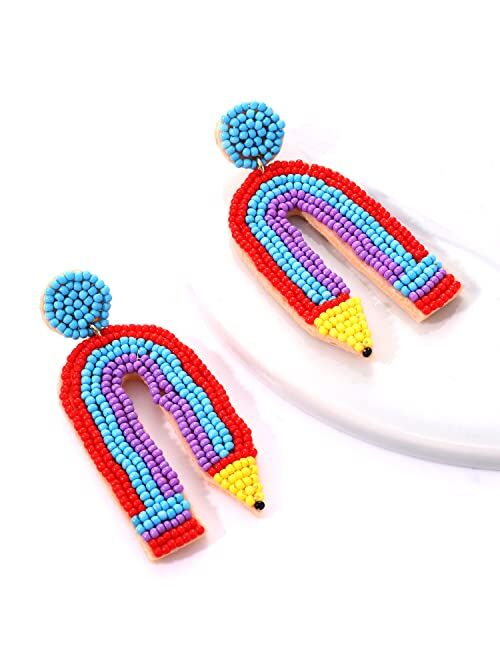 HZEYN Teacher Earrings Beaded Rainbow Pencil Drop Dangle Earrings Teacher Appreciation Gifts Back To School Jewelry for Women