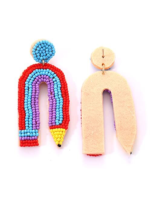 HZEYN Teacher Earrings Beaded Rainbow Pencil Drop Dangle Earrings Teacher Appreciation Gifts Back To School Jewelry for Women