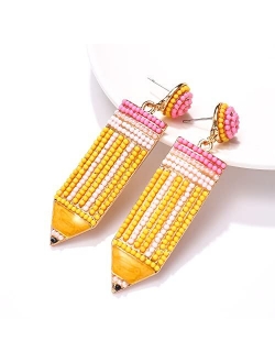 Cealxheny Teacher Earrings Beaded Pencil Earrings for Women Handmade Beaded Dangle Drop Earrings Back To School Teacher Appreciation Gift