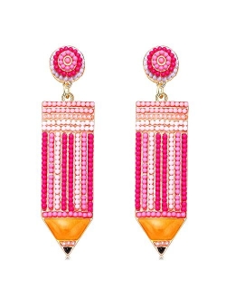 Cealxheny Teacher Earrings Beaded Pencil Earrings for Women Handmade Beaded Dangle Drop Earrings Back To School Teacher Appreciation Gift