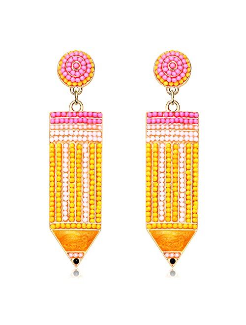 Cealxheny Teacher Earrings Beaded Pencil Earrings for Women Handmade Beaded Dangle Drop Earrings Back To School Teacher Appreciation Gift