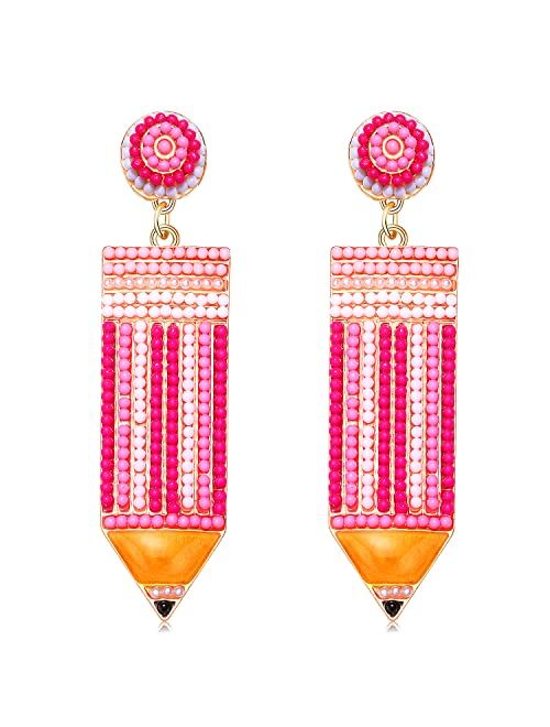 Cealxheny Teacher Earrings Beaded Pencil Earrings for Women Handmade Beaded Dangle Drop Earrings Back To School Teacher Appreciation Gift