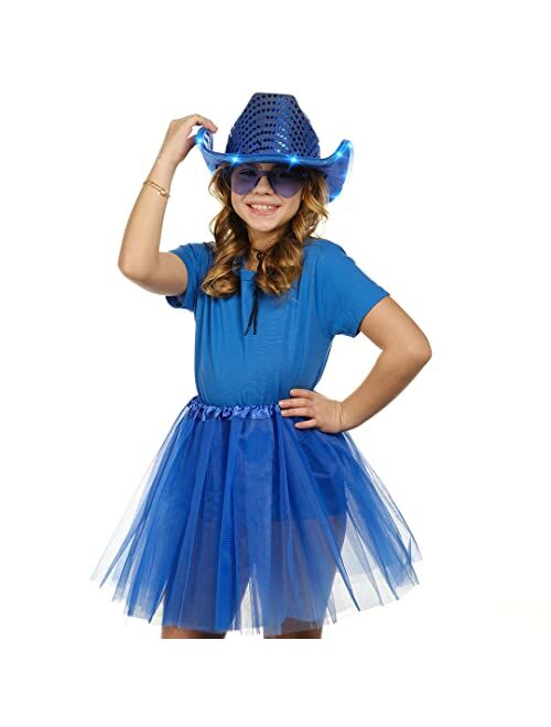 Funcredible Space Blue Light Up Halloween, Fun Rodeo Party Cowgirl Hat with Glasses