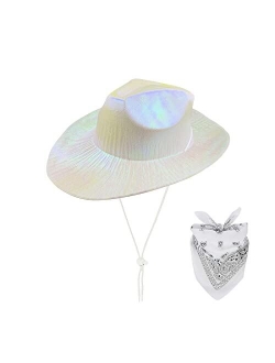 LMJFOR Space Women Neon Sparkly Metallic Holographic Cowgirl Hat with Bandana