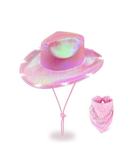 LMJFOR Space Women Neon Sparkly Metallic Holographic Cowgirl Hat with Bandana