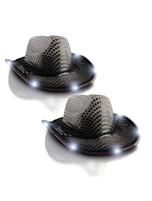 FlashingBlinkyLights Red White and Blue Sequin Light Up LED Cowboy Hat with White LED Brim