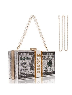 TANOSII Women Stack of Cash Evening Bag Crystal Rhinestone Clutch Money Shoulder Bag Dollar Bill Purse