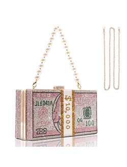 TANOSII Women Stack of Cash Evening Bag Crystal Rhinestone Clutch Money Shoulder Bag Dollar Bill Purse