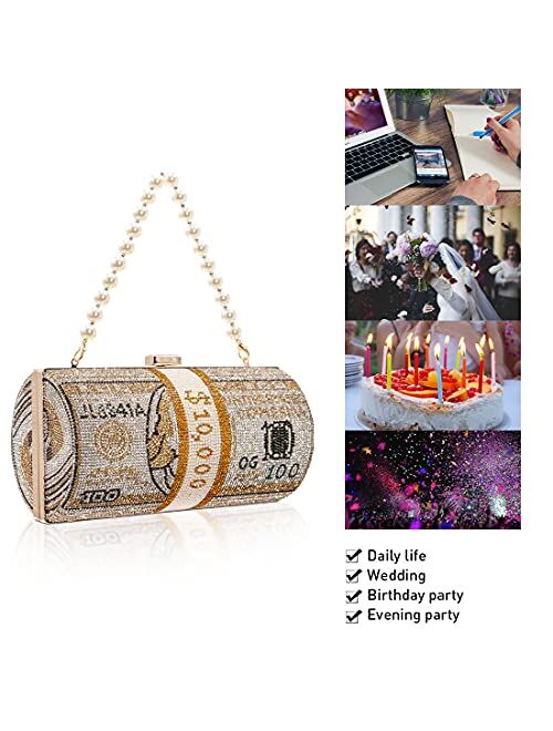 TANOSII Women Stack of Cash Evening Bag Crystal Rhinestone Clutch Money Shoulder Bag Dollar Bill Purse