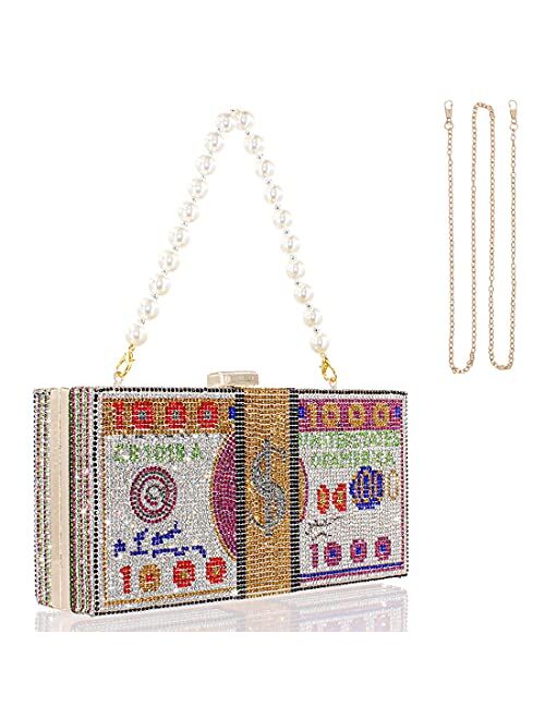 TANOSII Women Stack of Cash Evening Bag Crystal Rhinestone Clutch Money Shoulder Bag Dollar Bill Purse