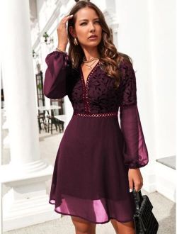 Guipure Lace Insert Lantern Sleeve Chiffon Dress