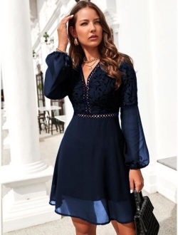 Guipure Lace Insert Lantern Sleeve Chiffon Dress