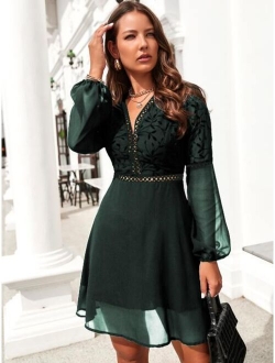 Guipure Lace Insert Lantern Sleeve Chiffon Dress