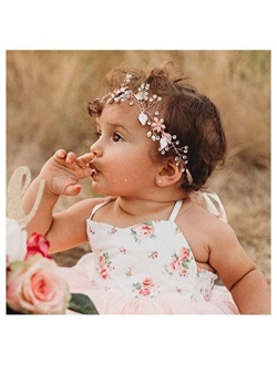 SWEETV Flower Girl Headpiece Silver Princess Wedding Headband -Baby Girls Flower Pearl Hair Accessories for Birthday Party, Photography