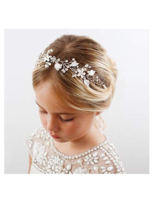 SWEETV Flower Girl Headpiece Silver Princess Wedding Headband -Baby Girls Flower Pearl Hair Accessories for Birthday Party, Photography