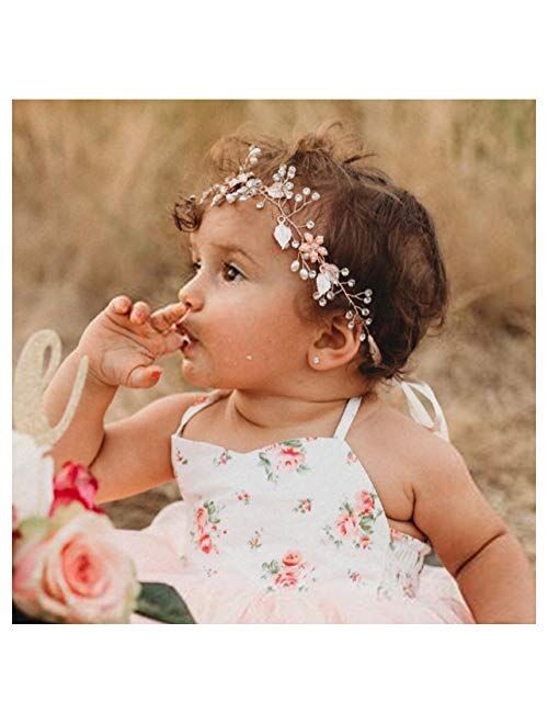 SWEETV Flower Girl Headpiece Silver Princess Wedding Headband -Baby Girls Flower Pearl Hair Accessories for Birthday Party, Photography