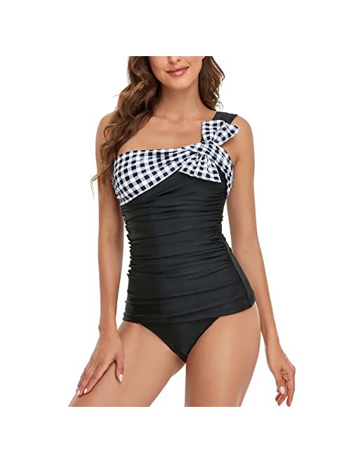 Smismivo One Shoulder Tankini Bathing Suits for Women Two Piece Ruched Slimming Vintage Swimwear Bandeau Curvy Swimsuit