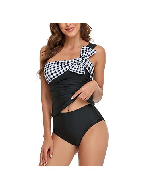 Smismivo One Shoulder Tankini Bathing Suits for Women Two Piece Ruched Slimming Vintage Swimwear Bandeau Curvy Swimsuit