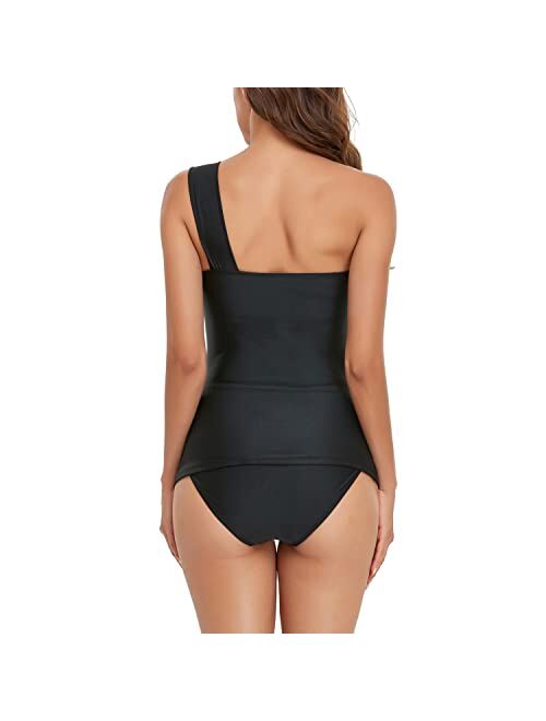 Smismivo One Shoulder Tankini Bathing Suits for Women Two Piece Ruched Slimming Vintage Swimwear Bandeau Curvy Swimsuit