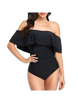 Smismivo Strapless Ruffle Off Shoulder One Piece Swimsuits for Women Vintage Modest Slimming Tummy Control Bathing Suit